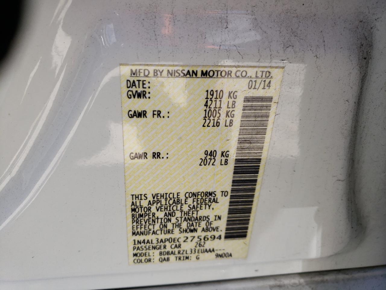 Photo 10 from auction – 2014 NISSAN ALTIMA 2.5 with VIN 1N4AL3AP0EC275694