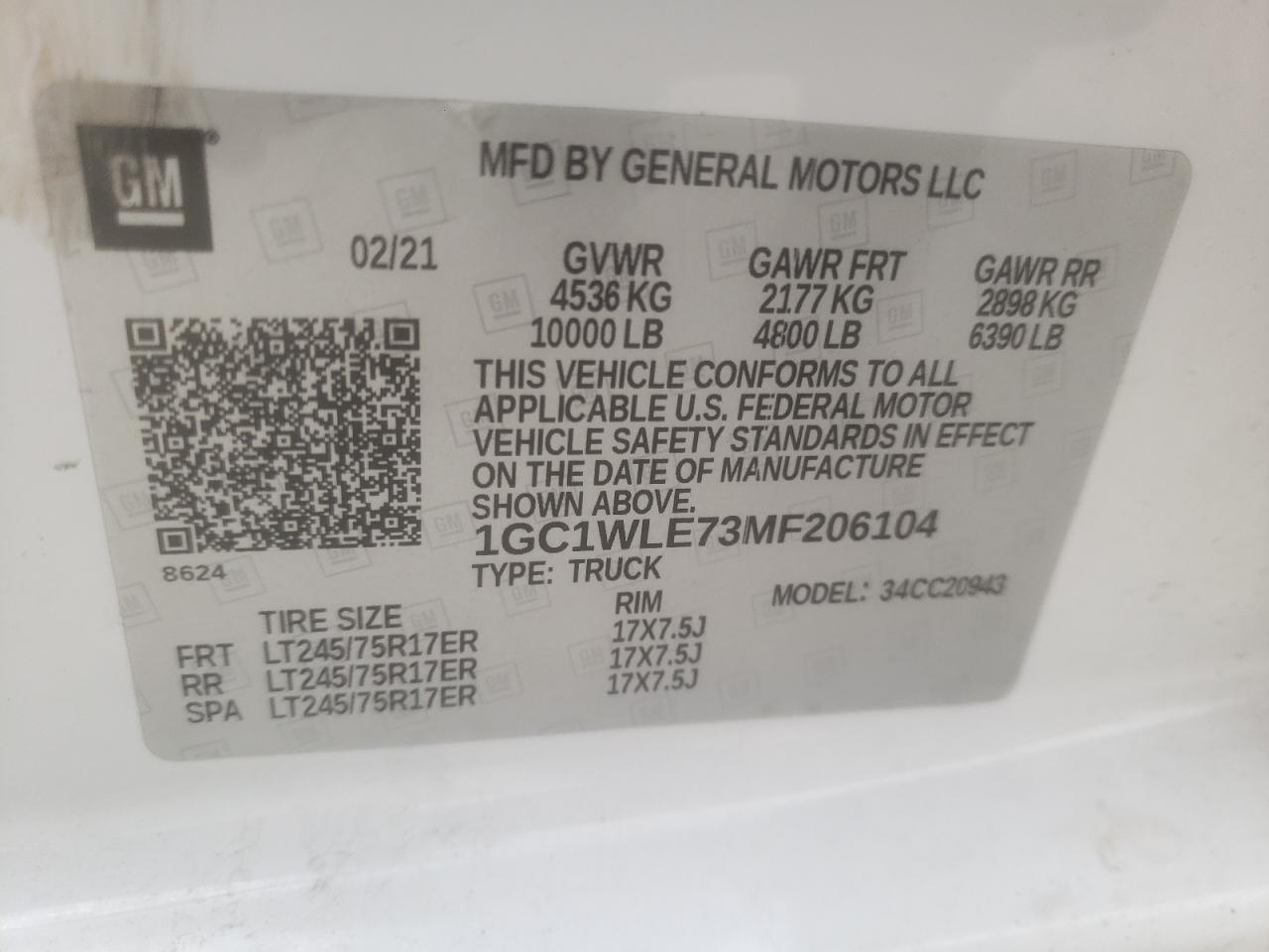 Photo 10 from auction – 2021 CHEVROLET SILVERADO with VIN 1GC1WLE73MF206104