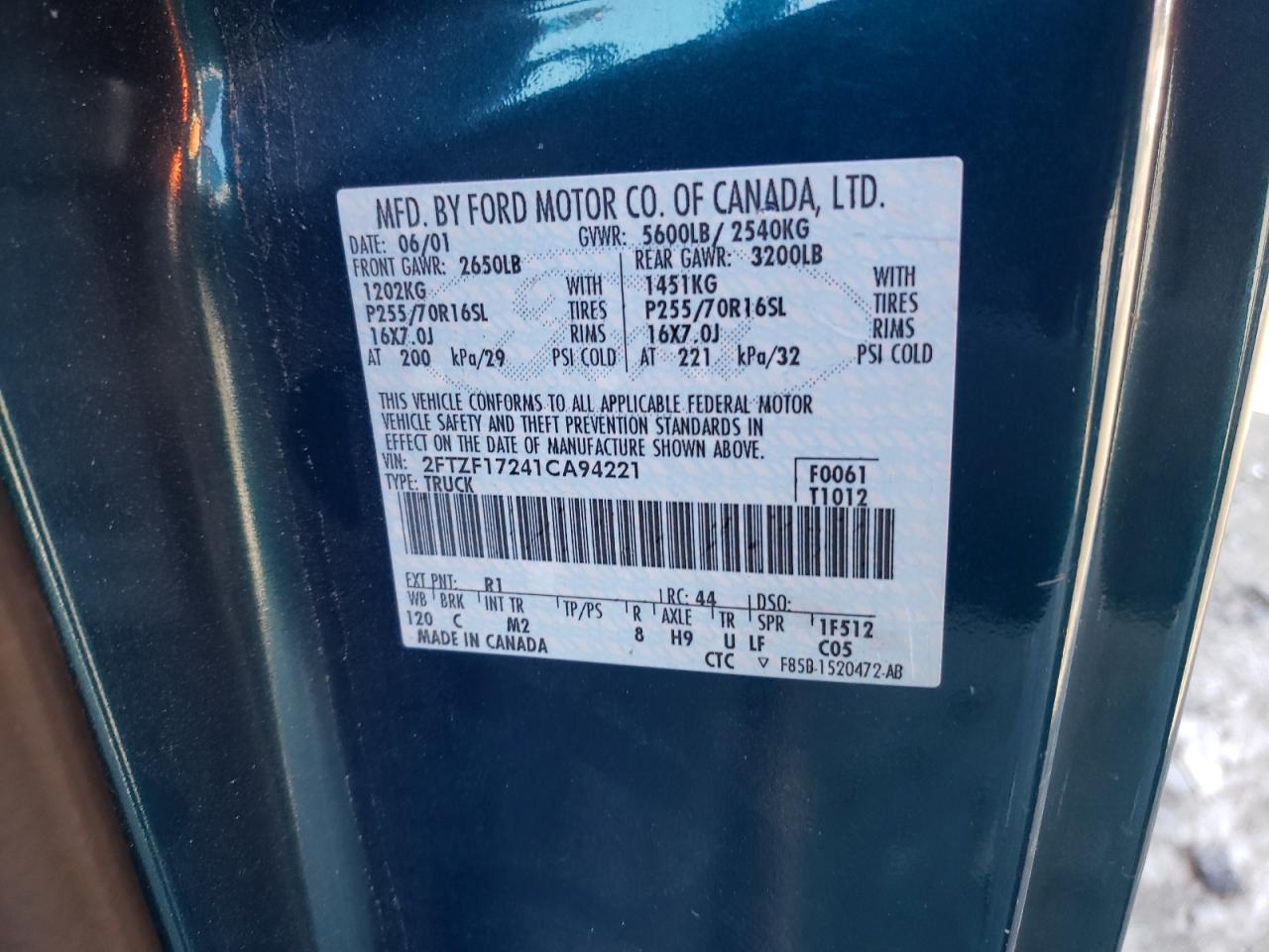 Photo 10 from auction – 2001 FORD F150 with VIN 2FTZF17241CA94221