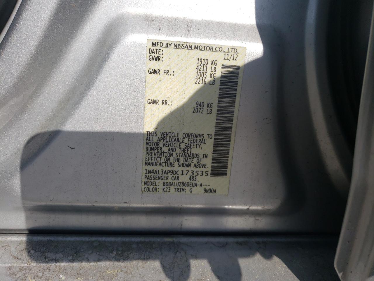 Photo 10 from auction – 2013 NISSAN ALTIMA 2.5 with VIN 1N4AL3AP9DC173535