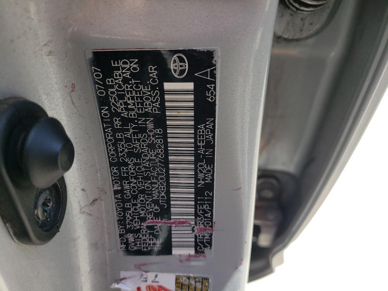 Photo 10 from auction – 2007 TOYOTA PRIUS with VIN JTDKB20U277682818