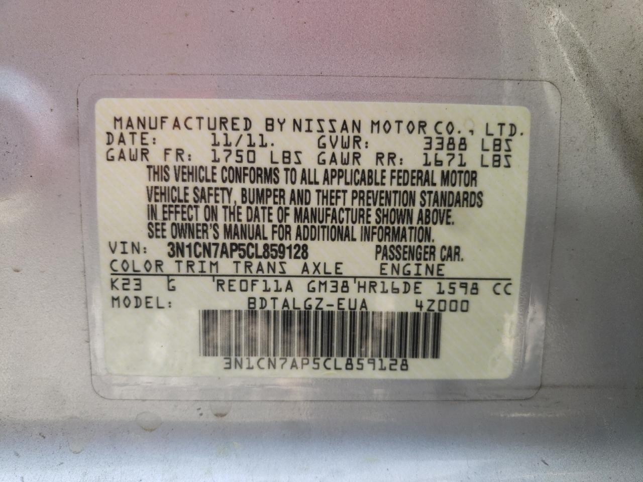 Photo 10 from auction – 2012 NISSAN VERSA S with VIN 3N1CN7AP5CL859128