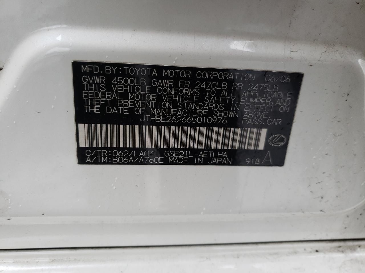 Photo 10 from auction – 2006 LEXUS IS 350 with VIN JTHBE262665010976