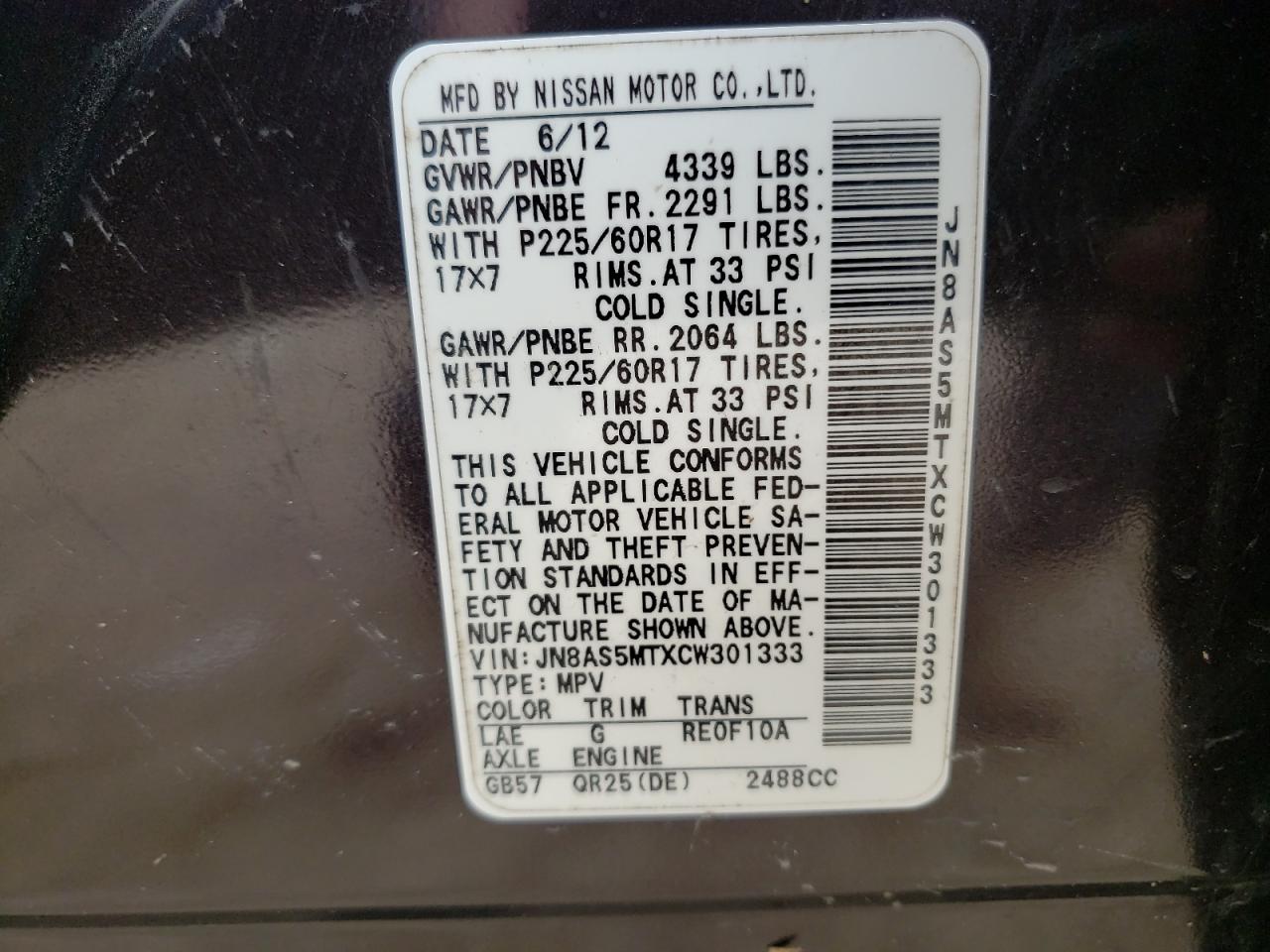 Photo 10 from auction – 2012 NISSAN ROGUE S with VIN JN8AS5MTXCW301333