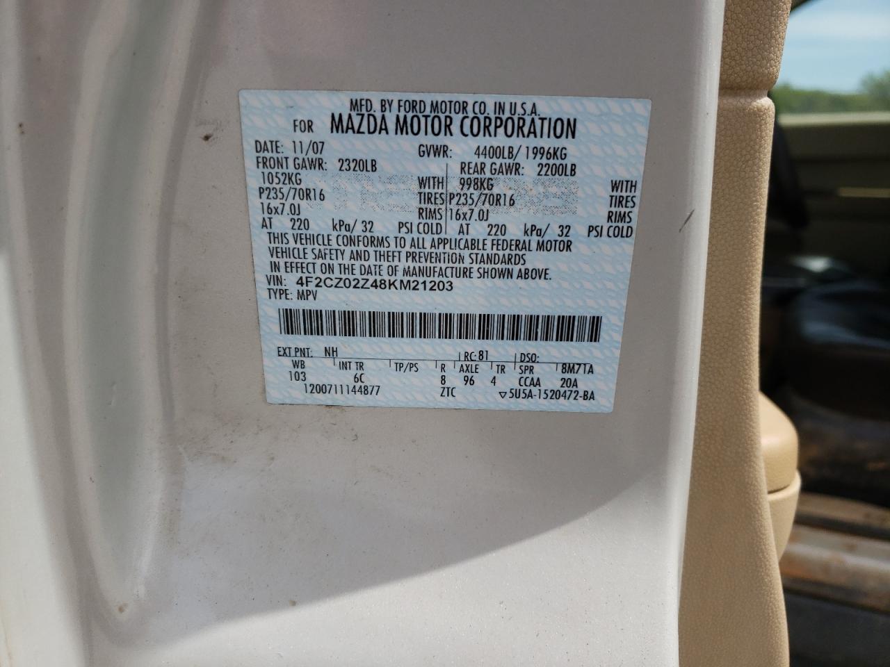 Photo 10 from auction – 2008 MAZDA TRIBUTE I with VIN 4F2CZ02Z48KM21203
