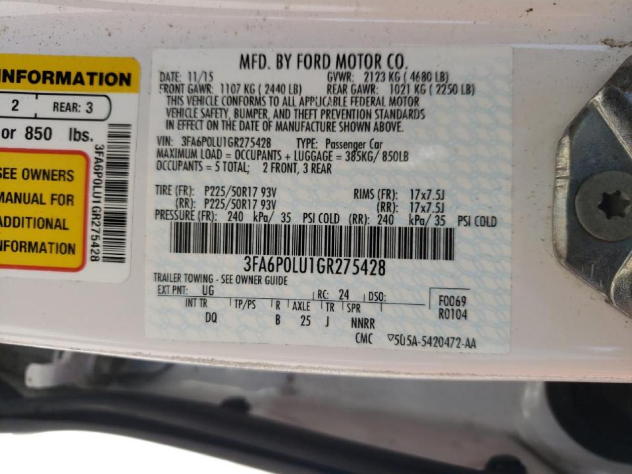 Photo 10 from auction – 2016 FORD FUSION SE with VIN 3FA6P0LU1GR275428