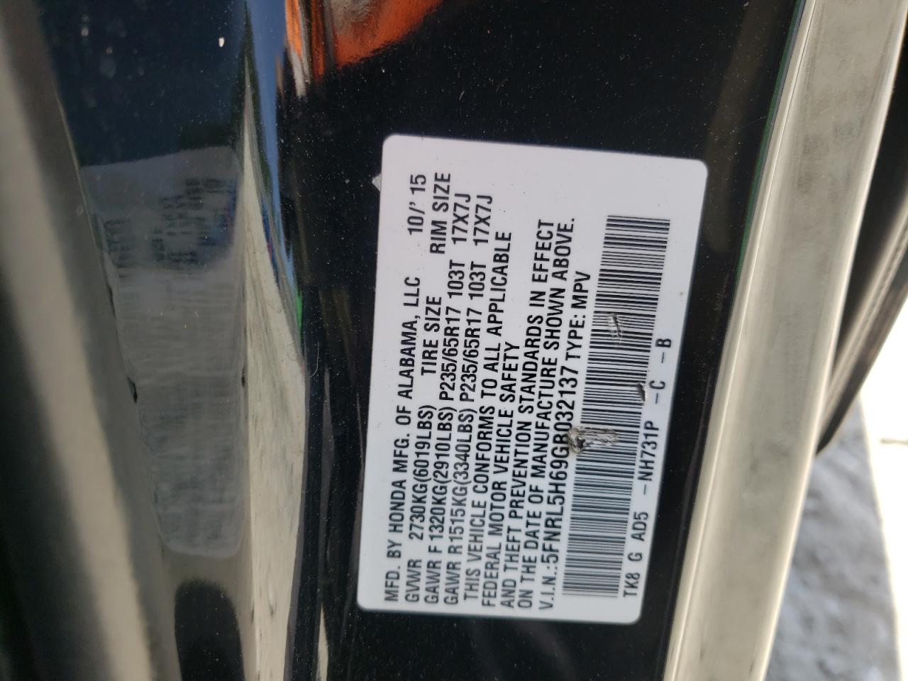 Photo 10 from auction – 2016 HONDA ODYSSEY EX with VIN 5FNRL5H69GB032137