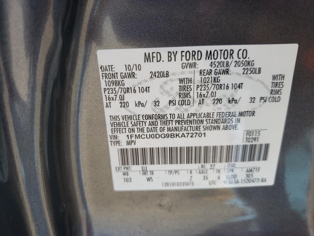 صورة رقم 10 من المزاد - 2011 FORD ESCAPE XLT مع VIN 1FMCU0DG9BKA72701