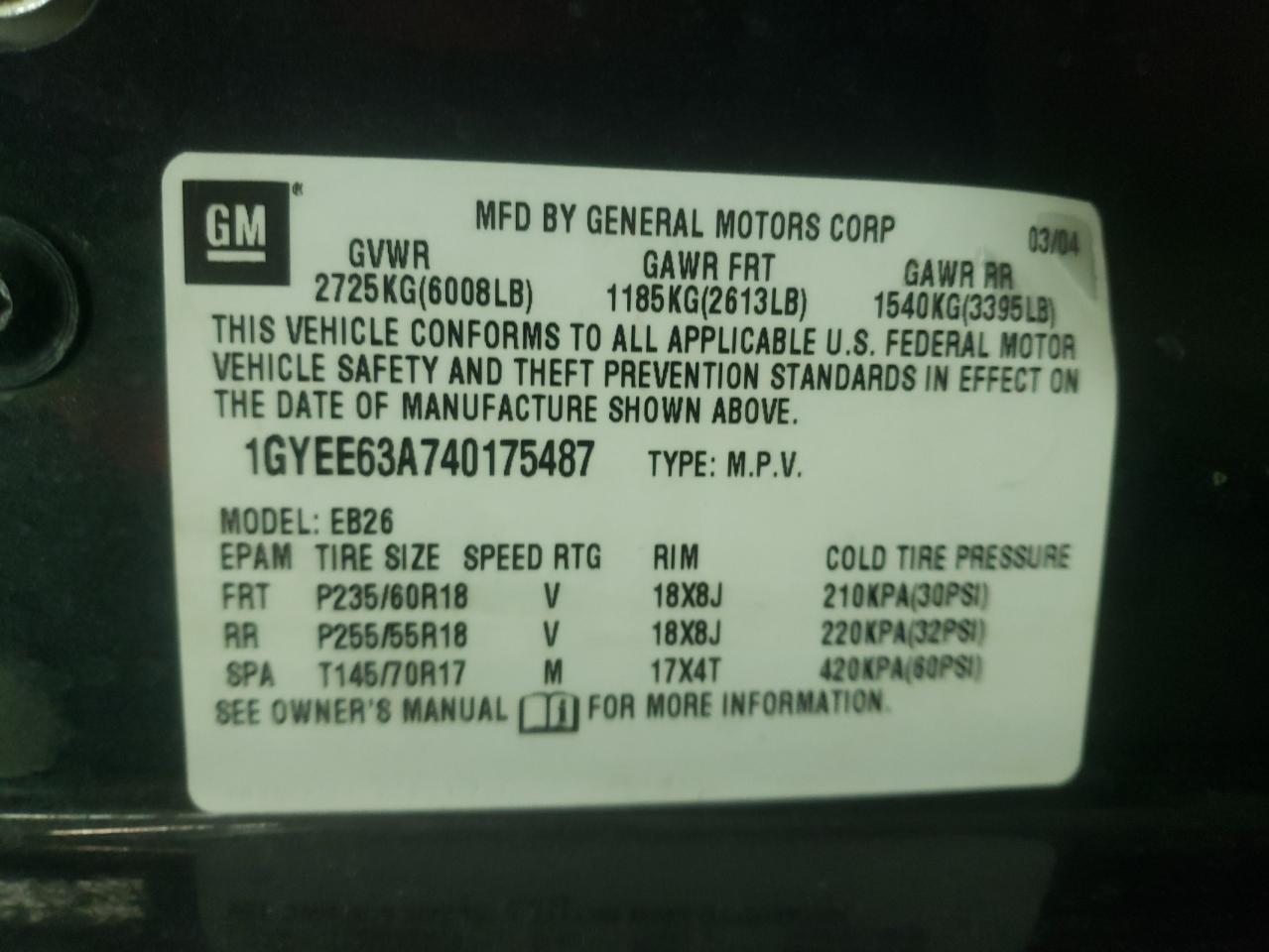 Photo 10 from auction – 2004 CADILLAC SRX with VIN 1GYEE63A740175487