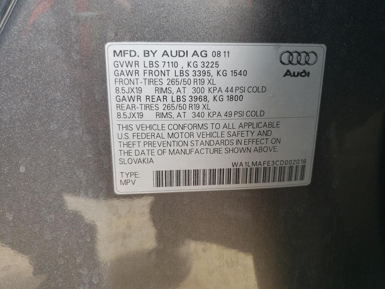 Photo 10 from auction – 2012 AUDI Q7 PREMIUM with VIN WA1LMAFE3CD002018