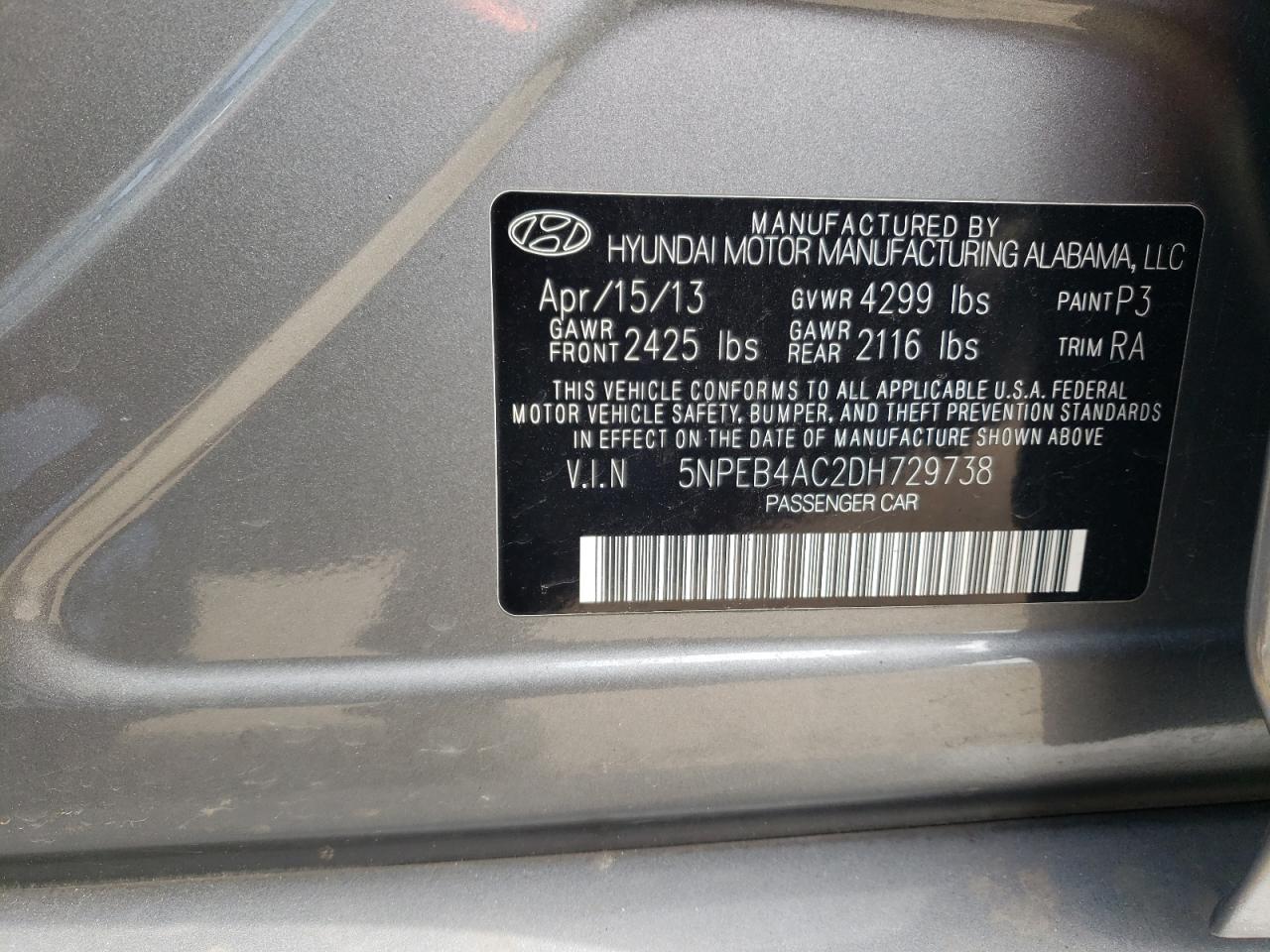 Photo 10 from auction – 2013 HYUNDAI SONATA GLS with VIN 5NPEB4AC2DH729738