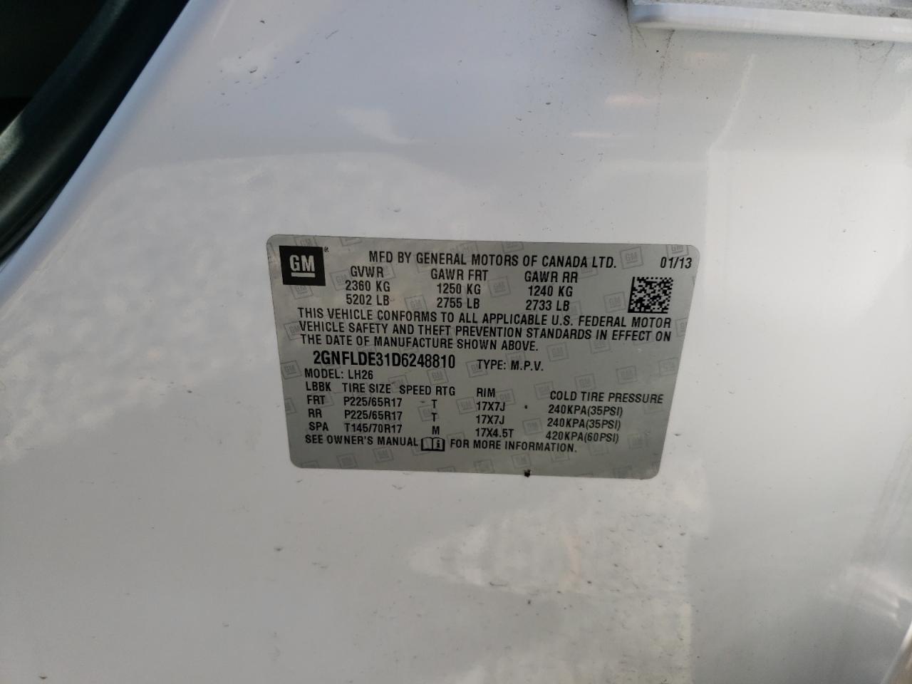 Photo 10 from auction – 2013 CHEVROLET EQUINOX LT with VIN 2GNFLDE31D6248810