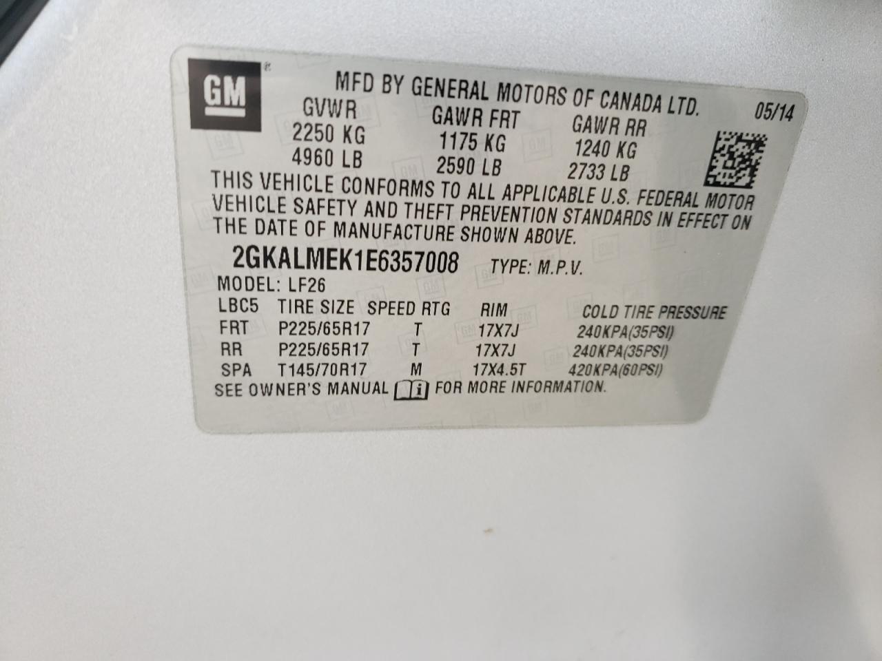 Photo 10 from auction – 2014 GMC TERRAIN SL with VIN 2GKALMEK1E6357008