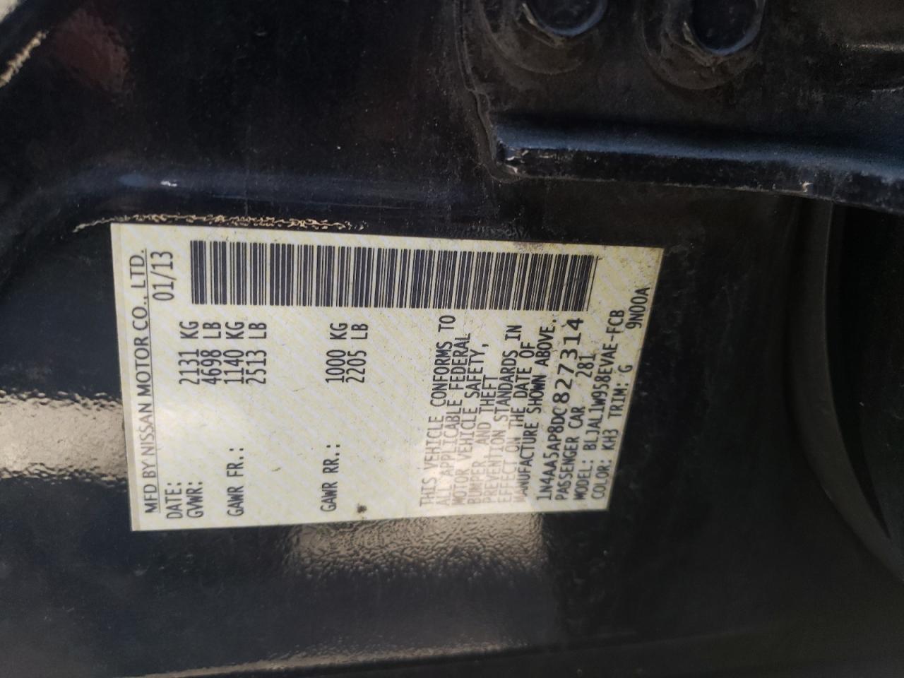 Photo 10 from auction – 2013 NISSAN MAXIMA S with VIN 1N4AA5AP8DC827314