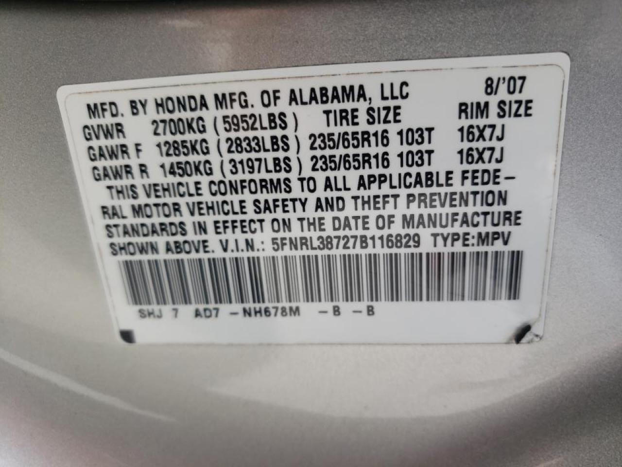 Photo 10 from auction – 2007 HONDA ODYSSEY EX with VIN 5FNRL38727B116829