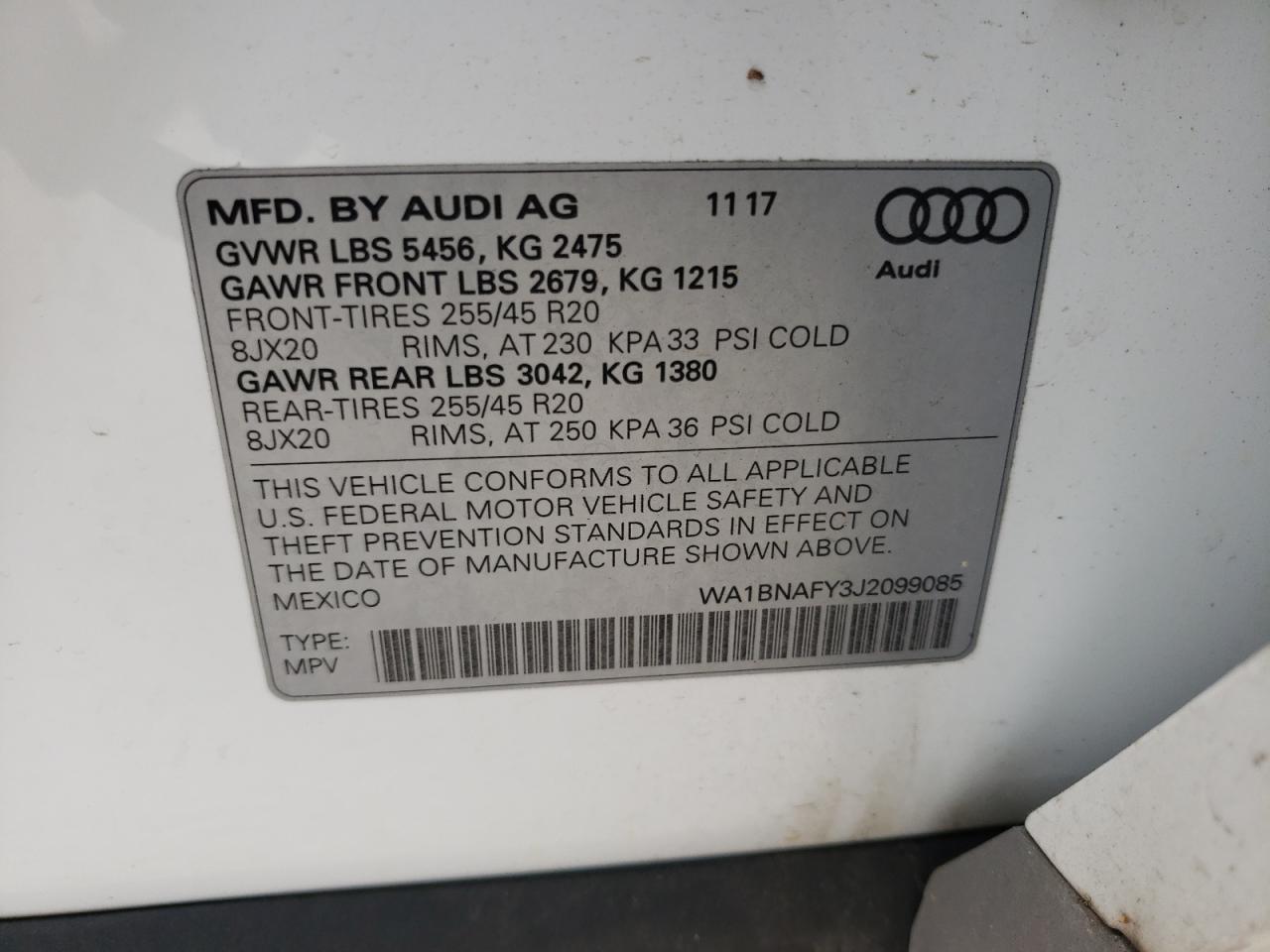 Photo 11 from auction – 2018 AUDI Q5 PREMIUM with VIN WA1BNAFY3J2099085