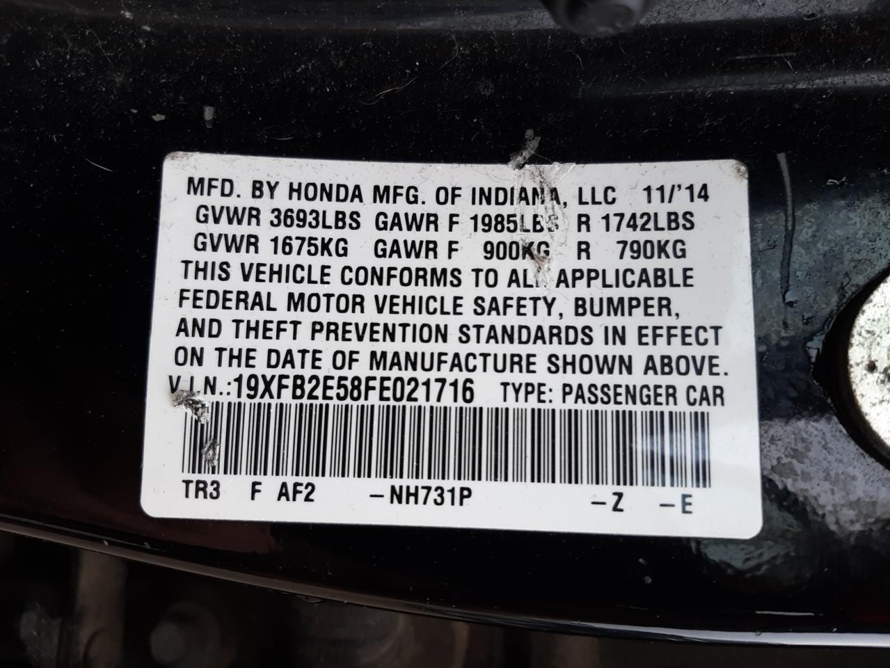 Photo 10 from auction – 2015 HONDA CIVIC LX with VIN 19XFB2E58FE021716