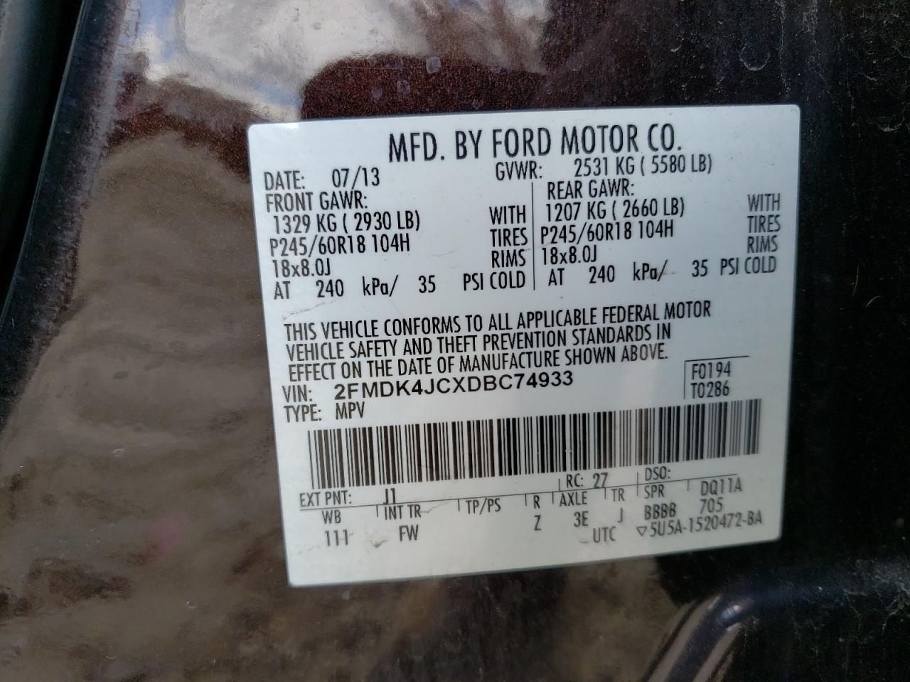 Photo 10 from auction – 2013 FORD EDGE SEL with VIN 2FMDK4JCXDBC74933