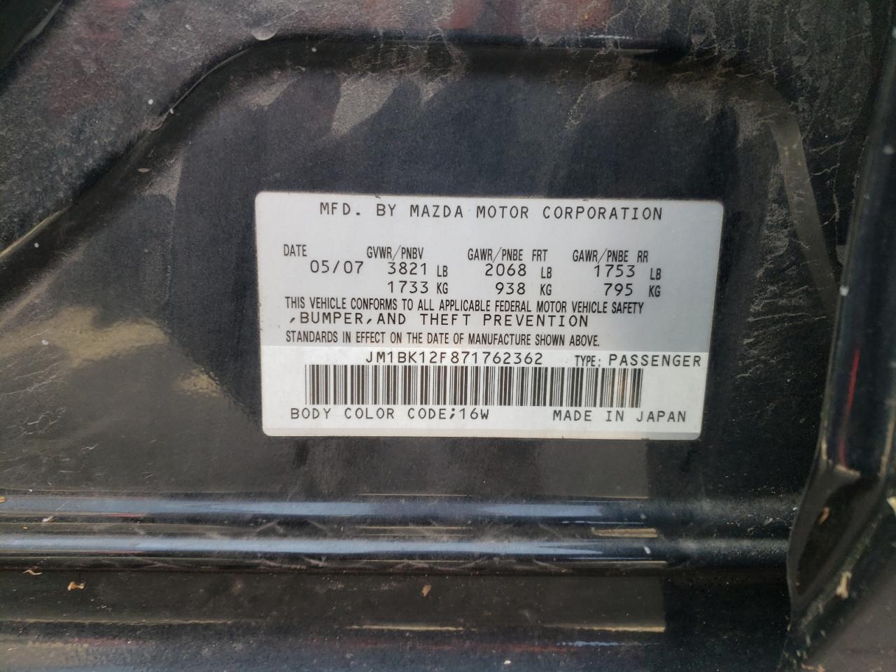 Photo 10 from auction – 2007 MAZDA 3 I with VIN JM1BK12F871762362
