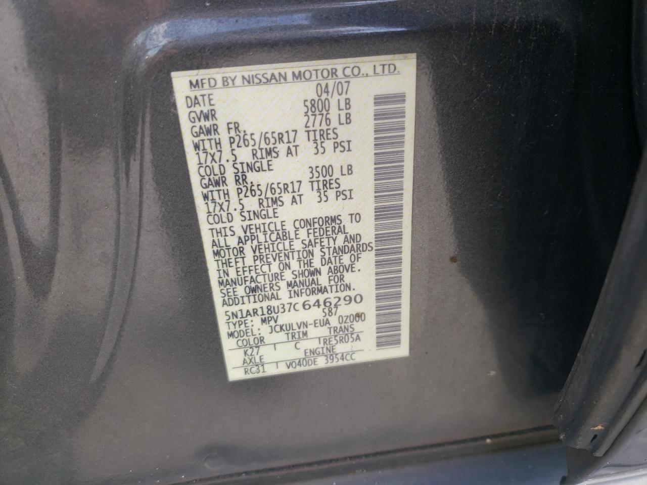 Photo 10 from auction – 2007 NISSAN PATHFINDER with VIN 5N1AR18U37C646290