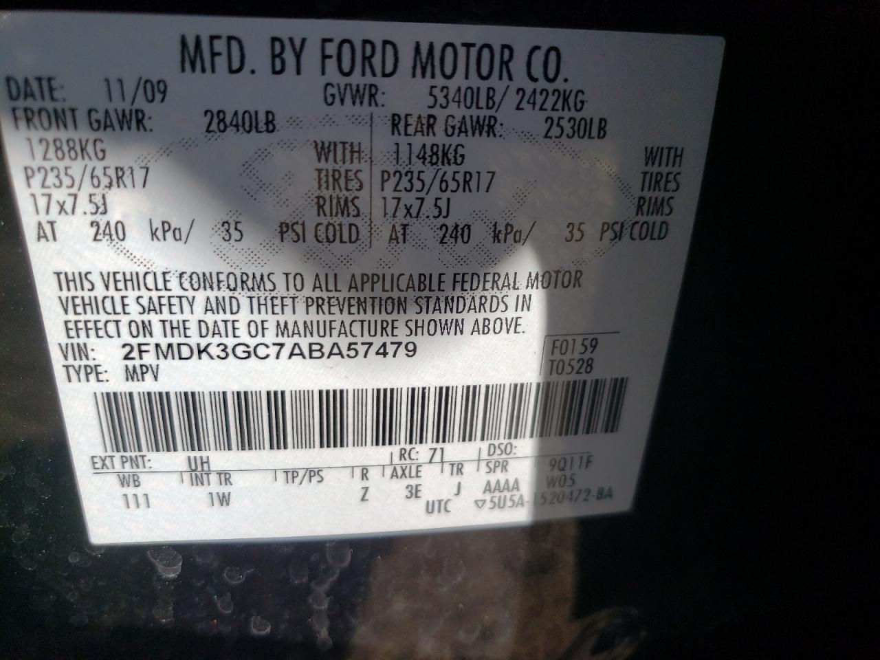 Photo 20 from auction – 2010 FORD EDGE SE with VIN 2FMDK3GC7ABA57479