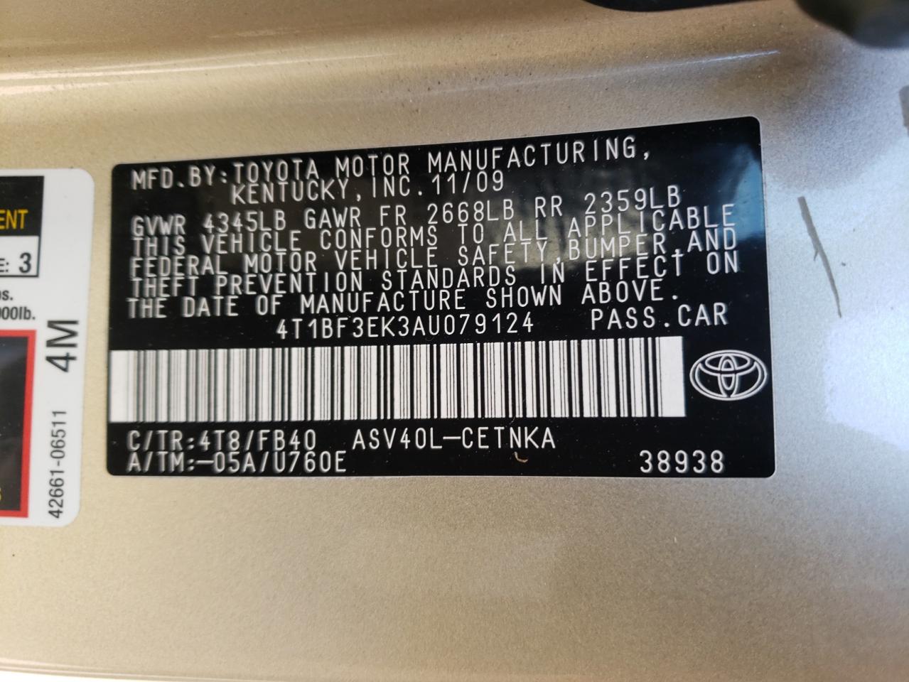 Photo 10 from auction – 2010 TOYOTA CAMRY BASE with VIN 4T1BF3EK3AU079124