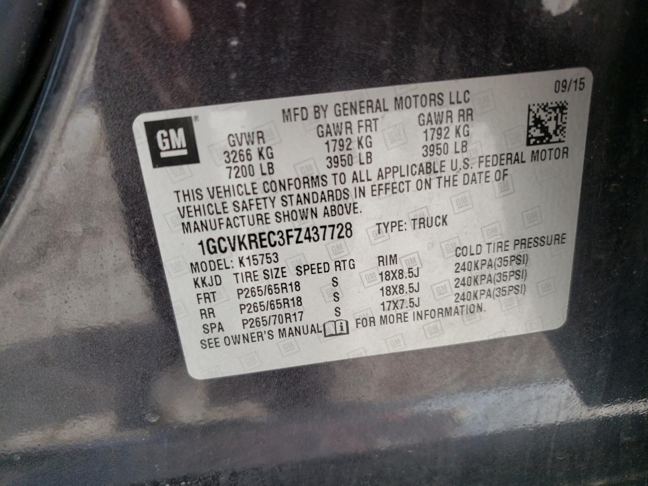 Photo 20 from auction – 2015 CHEVROLET SILVERADO with VIN 1GCVKREC3FZ437728
