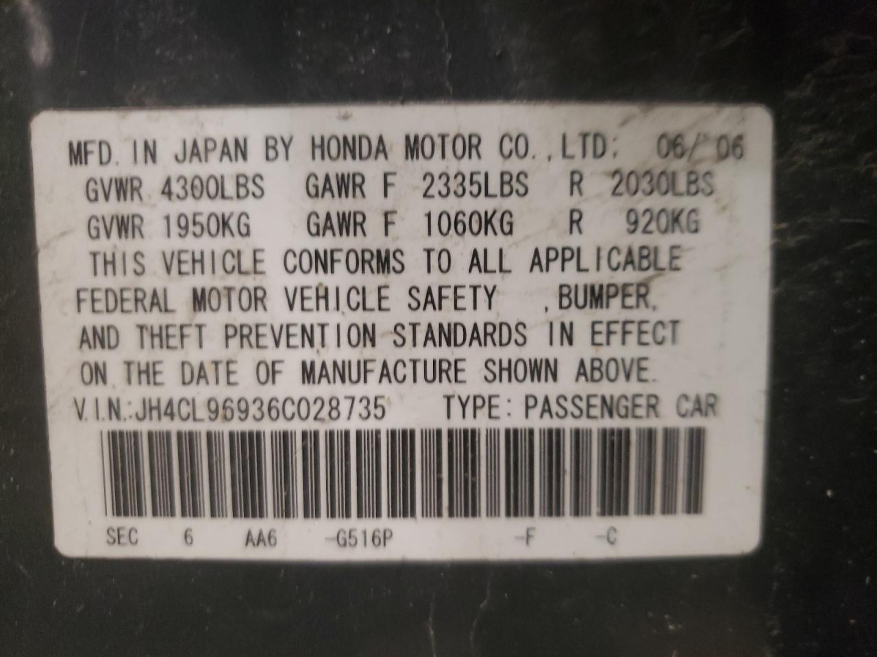Photo 10 from auction – 2006 ACURA TSX with VIN JH4CL96936C028735