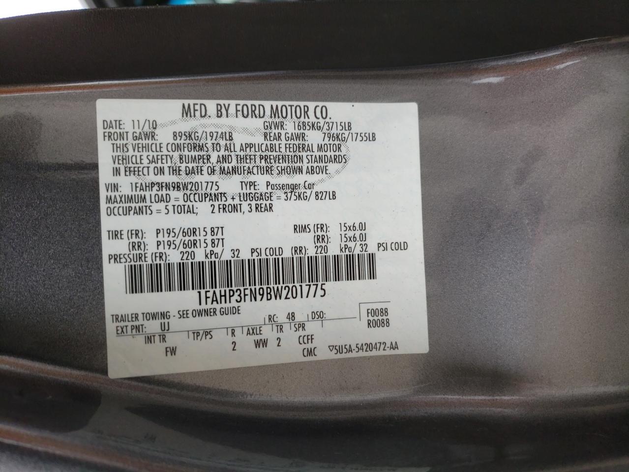 Photo 10 from auction – 2011 FORD FOCUS SE with VIN 1FAHP3FN9BW201775
