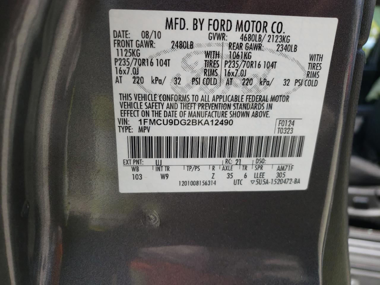 Photo 10 from auction – 2011 FORD ESCAPE XLT with VIN 1FMCU9DG2BKA12490