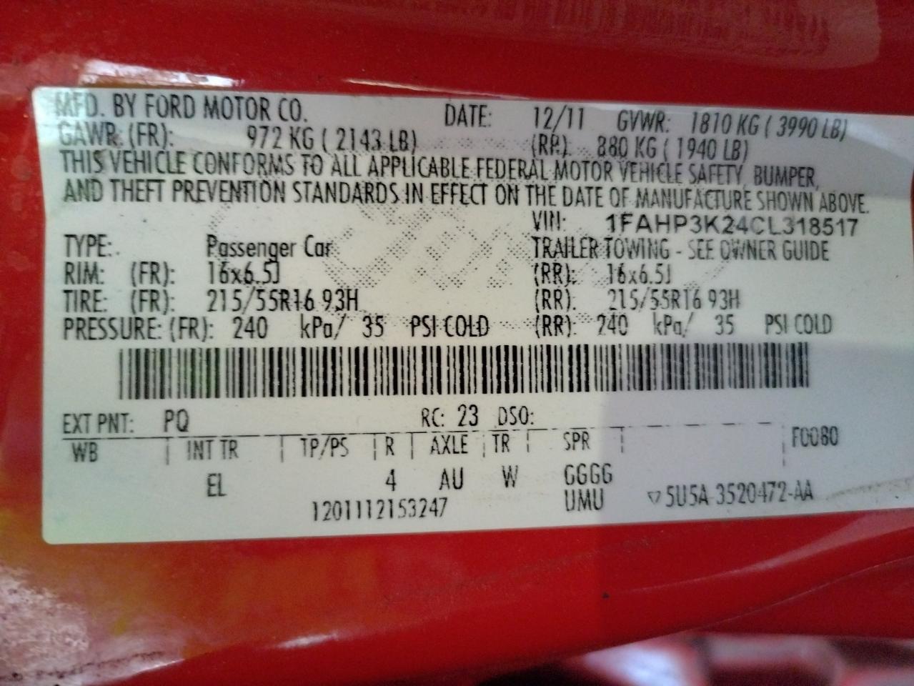 Photo 10 from auction – 2012 FORD FOCUS SE with VIN 1FAHP3K24CL318517