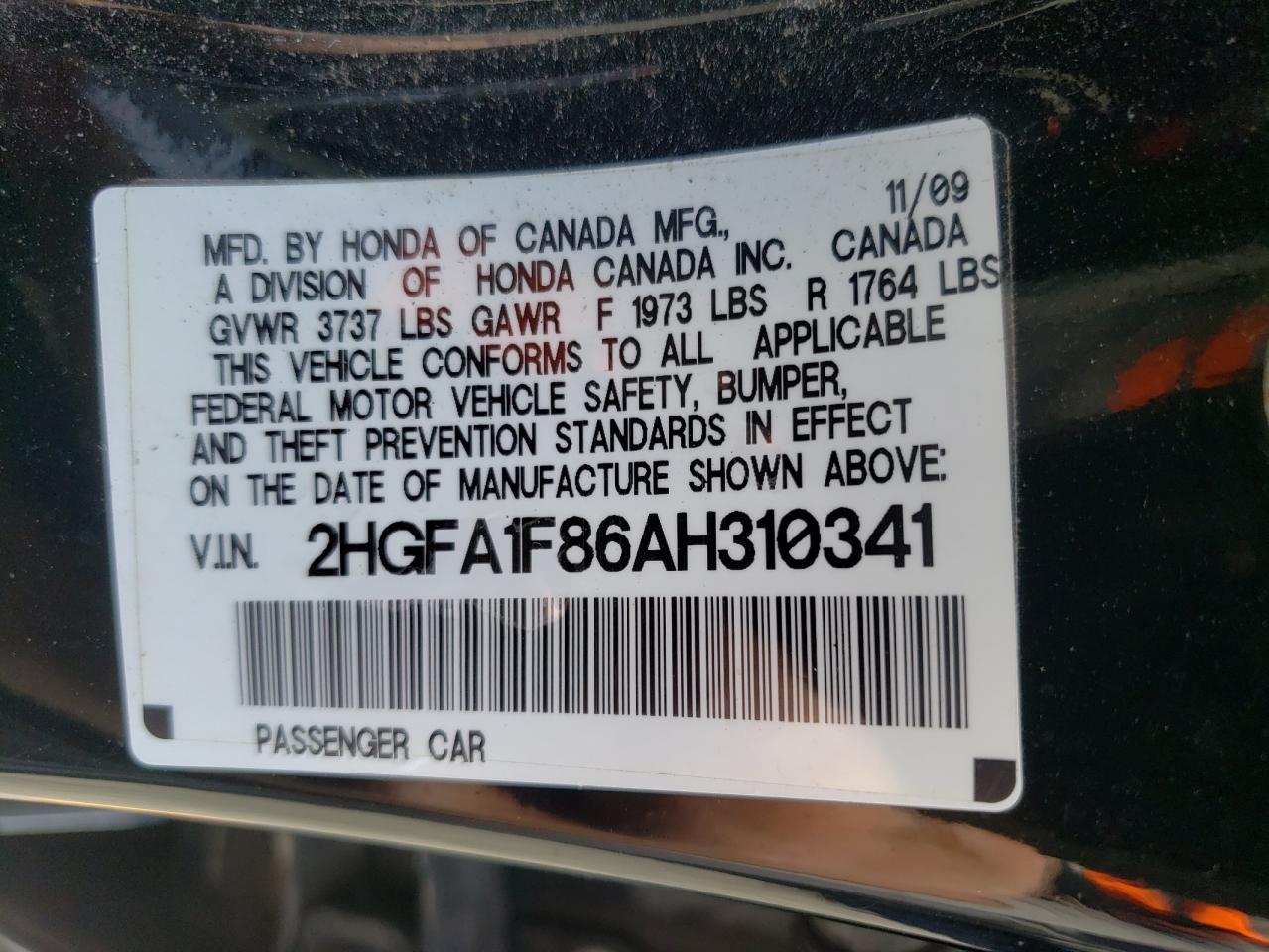 Photo 10 from auction – 2010 HONDA CIVIC EX with VIN 2HGFA1F86AH310341