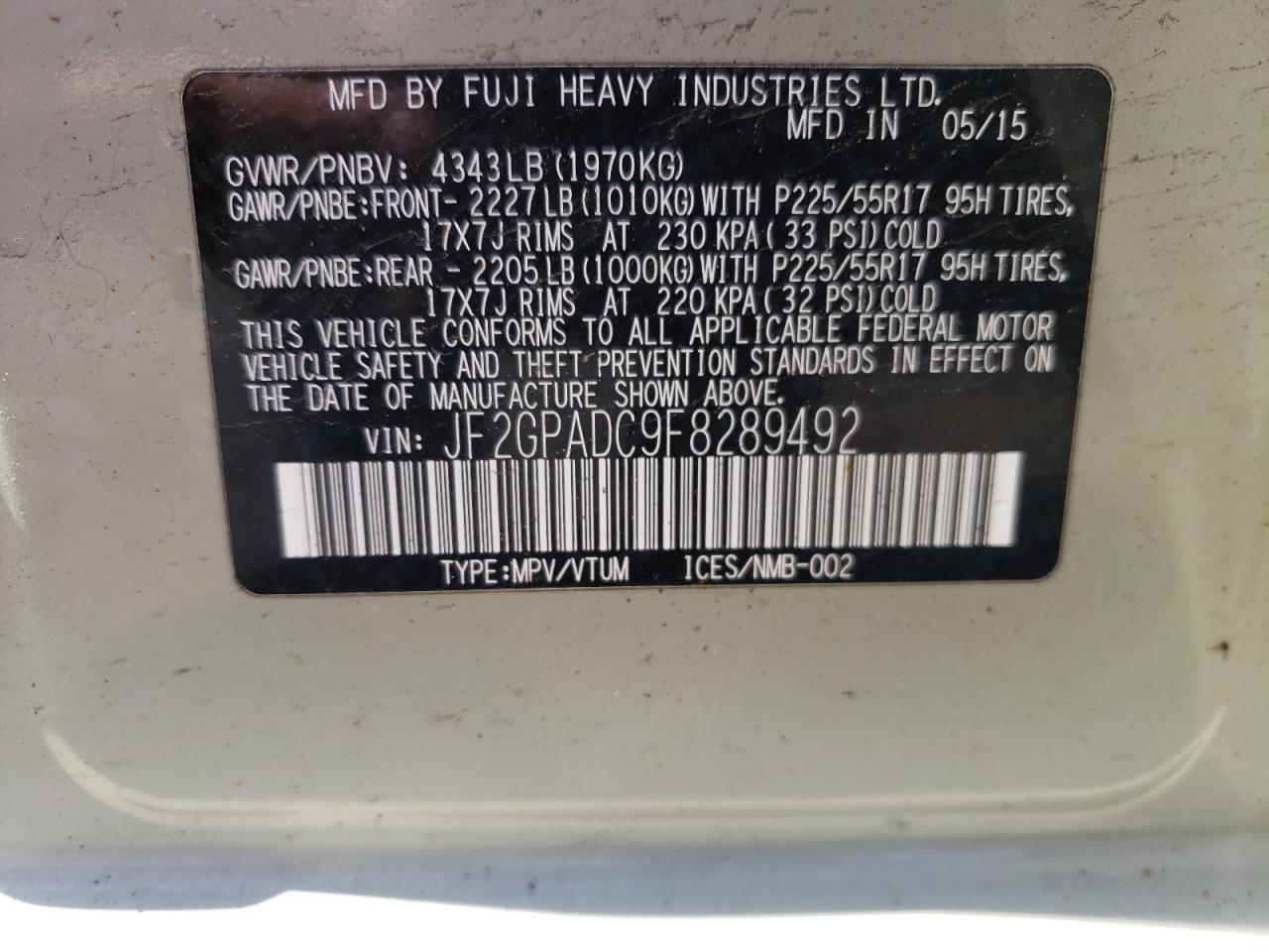 Photo 10 from auction – 2015 SUBARU XV CROSSTR with VIN JF2GPADC9F8289492