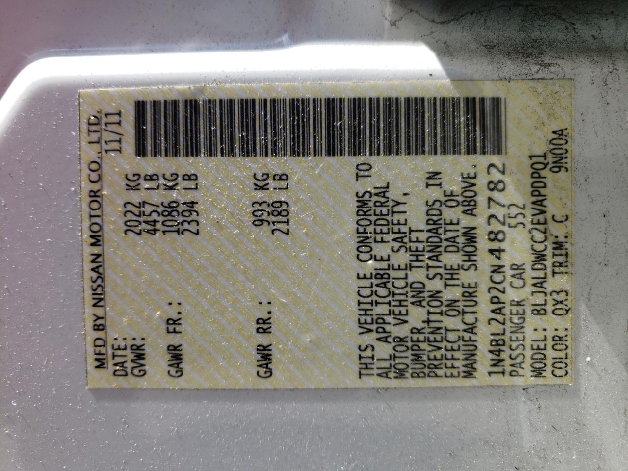 Photo 10 from auction – 2012 NISSAN ALTIMA SR with VIN 1N4BL2AP2CN482782