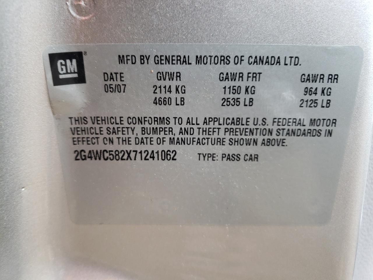 Photo 10 from auction – 2007 BUICK LACROSSE C with VIN 2G4WC582X71241062