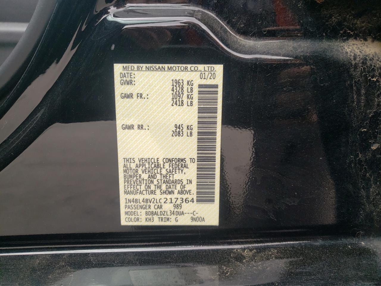 Photo 10 from auction – 2020 NISSAN ALTIMA S with VIN 1N4BL4BV2LC217364