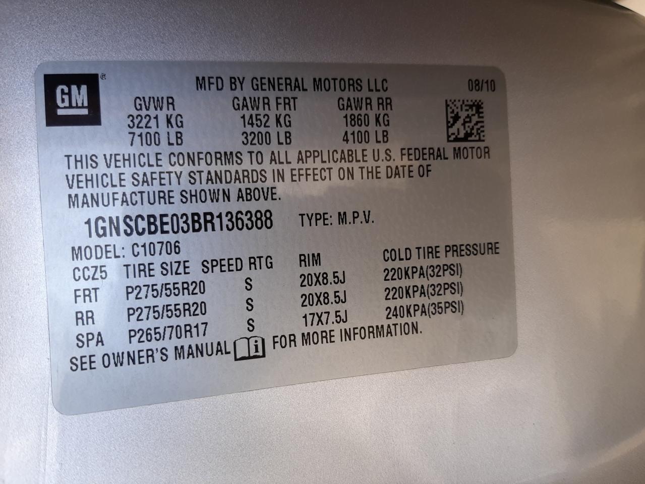 Photo 10 from auction – 2011 CHEVROLET TAHOE C150 with VIN 1GNSCBE03BR136388