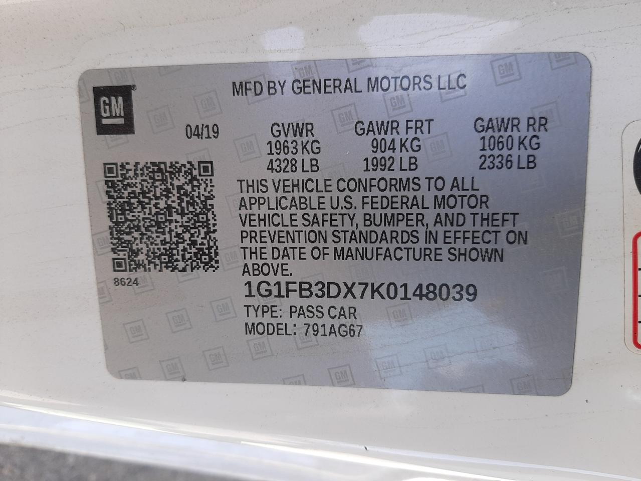 Photo 10 from auction – 2019 CHEVROLET CAMARO LS with VIN 1G1FB3DX7K0148039