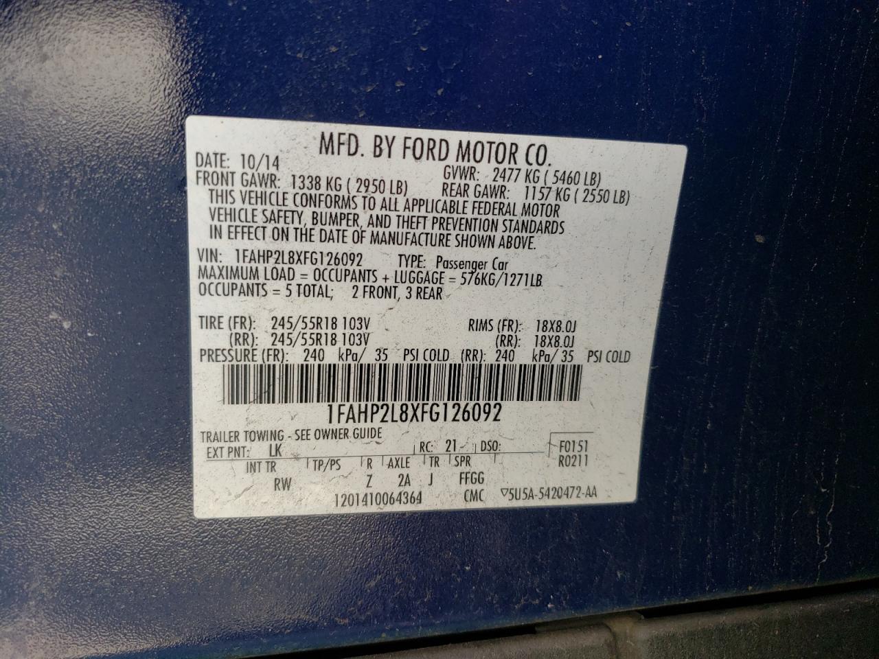 Photo 10 from auction – 2015 FORD TAURUS POL with VIN 1FAHP2L8XFG126092