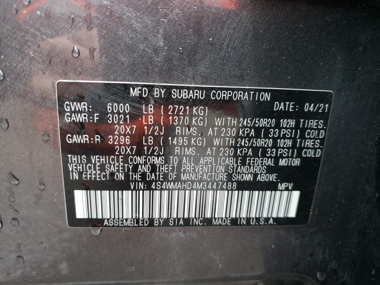 Photo 10 from auction – 2021 SUBARU ASCENT PRE with VIN 4S4WMAHD4M3447488