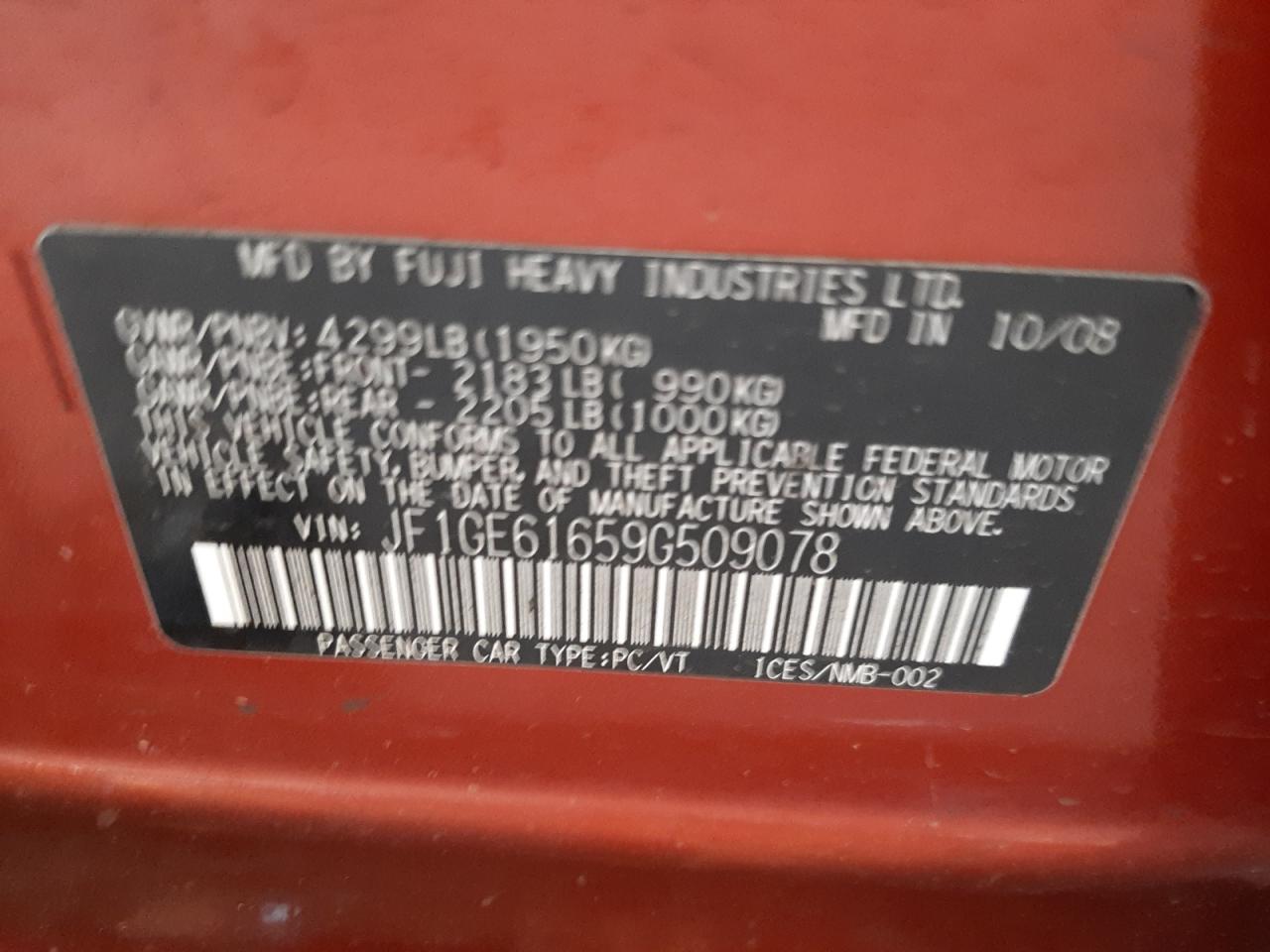 Photo 10 from auction – 2009 SUBARU IMPREZA 2. with VIN JF1GE61659G509078
