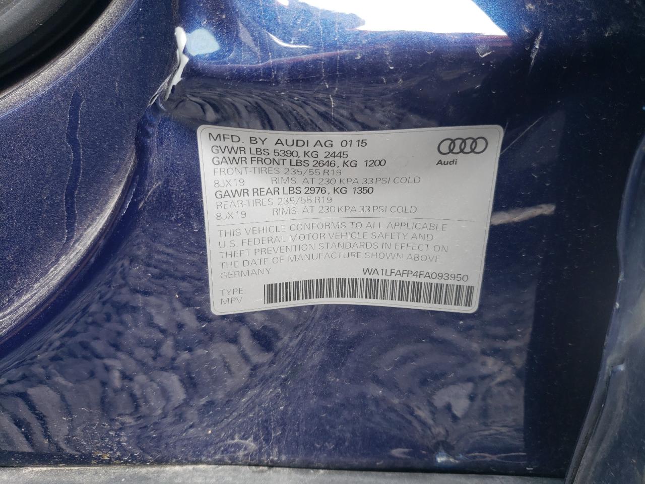 Photo 10 from auction – 2015 AUDI Q5 PREMIUM with VIN WA1LFAFP4FA093950