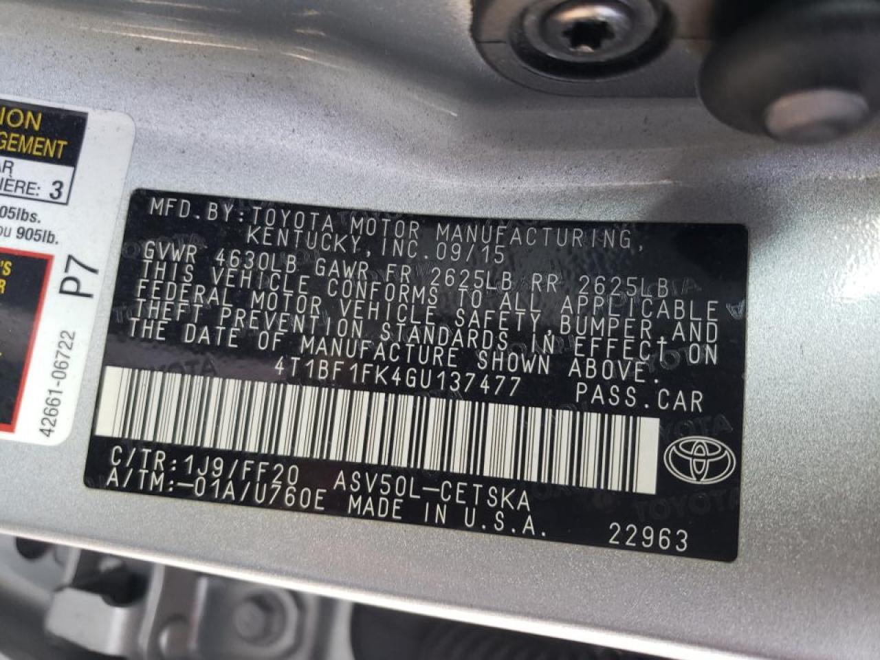 Photo 10 from auction – 2016 TOYOTA CAMRY LE with VIN 4T1BF1FK4GU137477