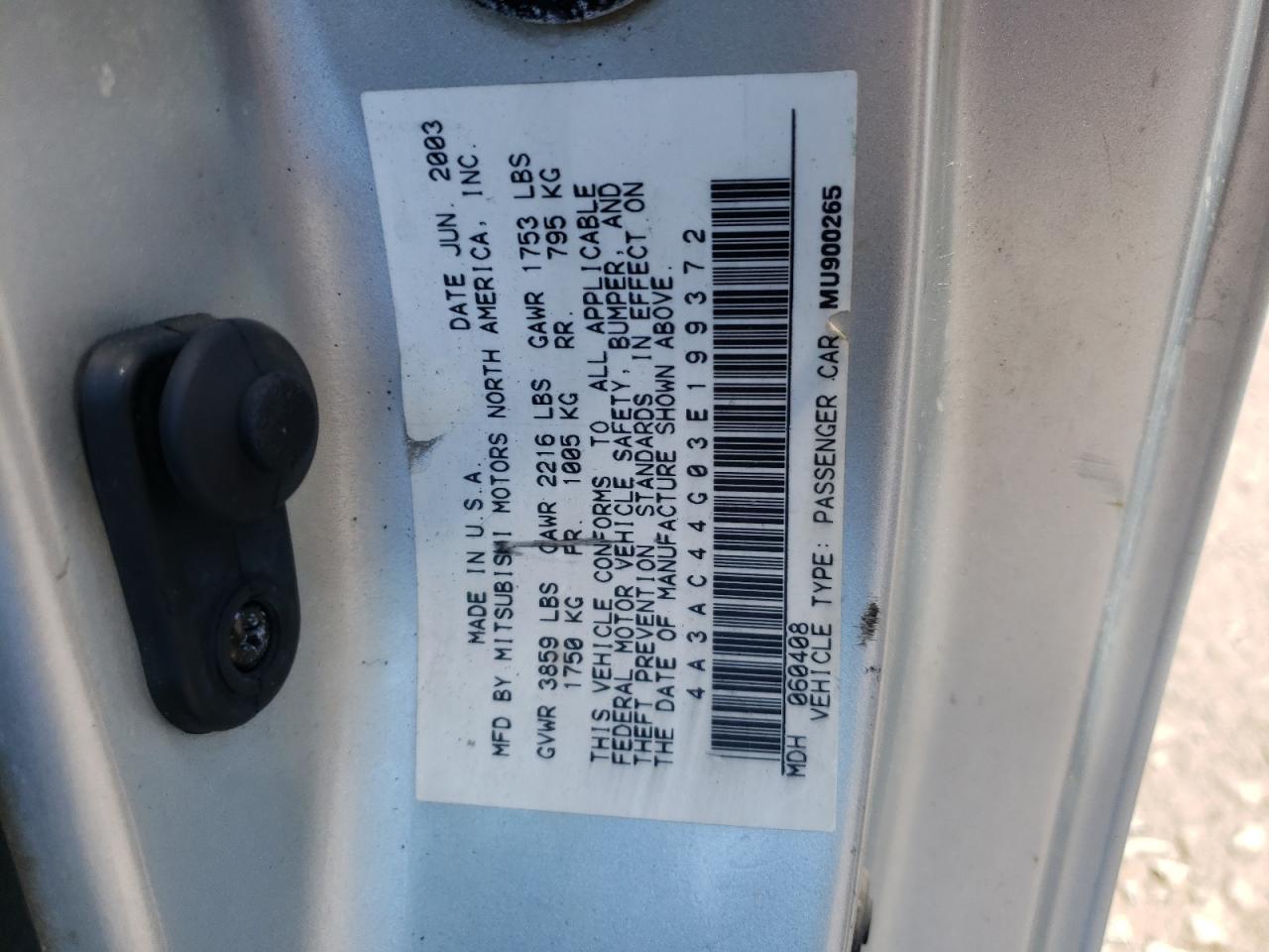 Photo 10 from auction – 2003 MITSUBISHI ECLIPSE GS with VIN 4A3AC44G03E199372
