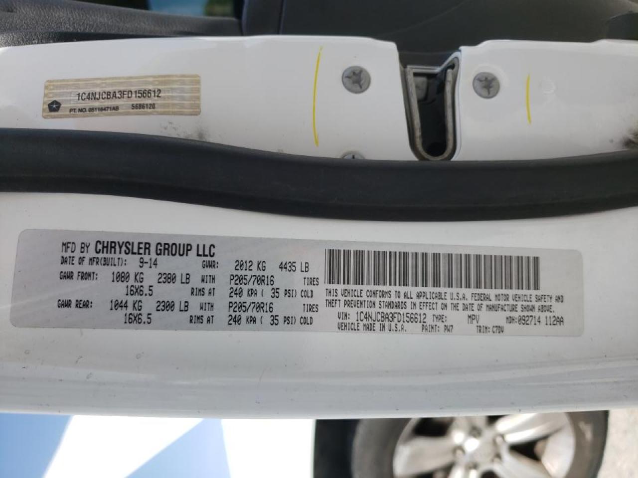 Photo 10 from auction – 2015 JEEP COMPASS SP with VIN 1C4NJCBA3FD156612