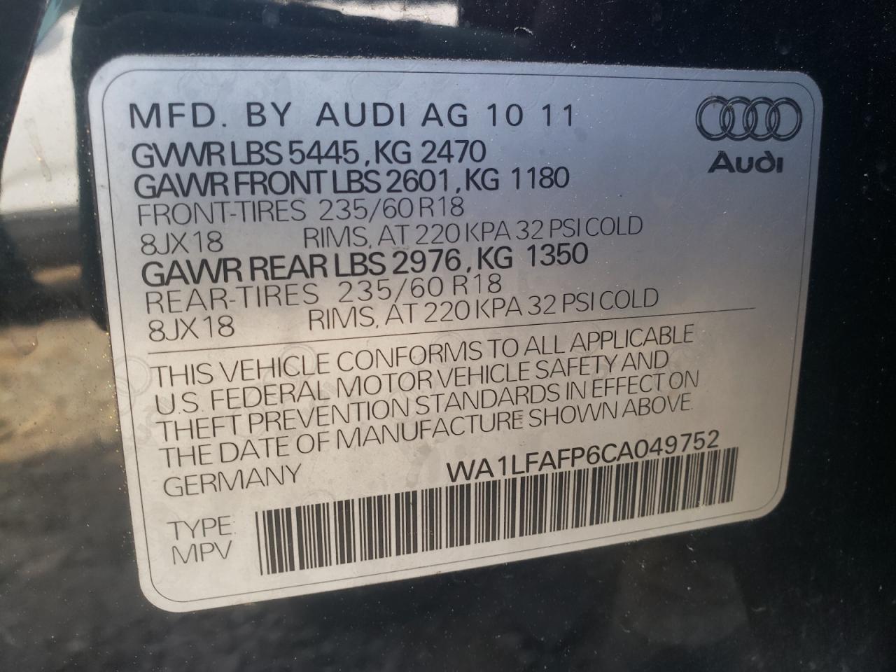 Photo 10 from auction – 2012 AUDI Q5 PREMIUM with VIN WA1LFAFP6CA049752