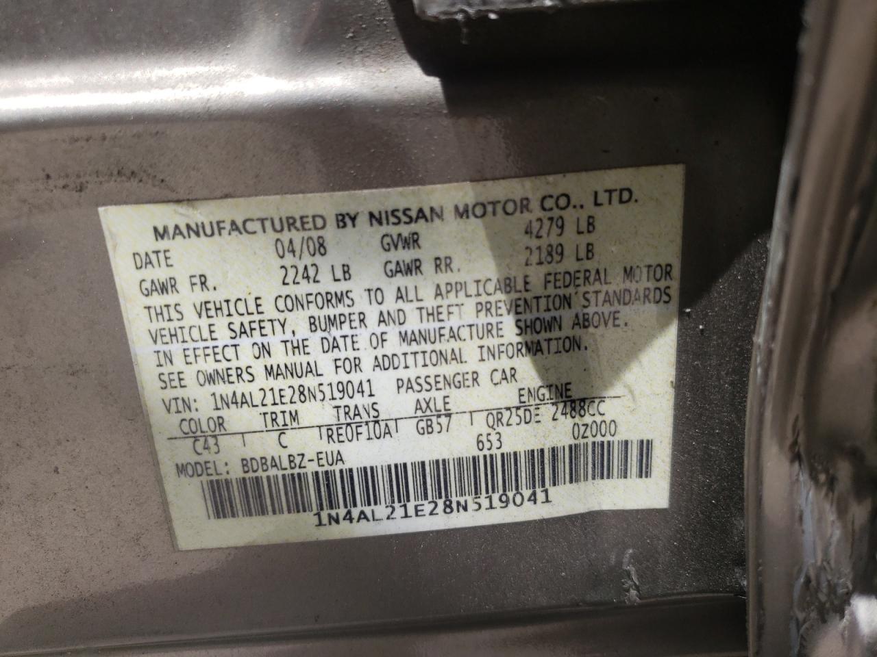 Photo 10 from auction – 2008 NISSAN ALTIMA with VIN 1N4AL21E28N519041
