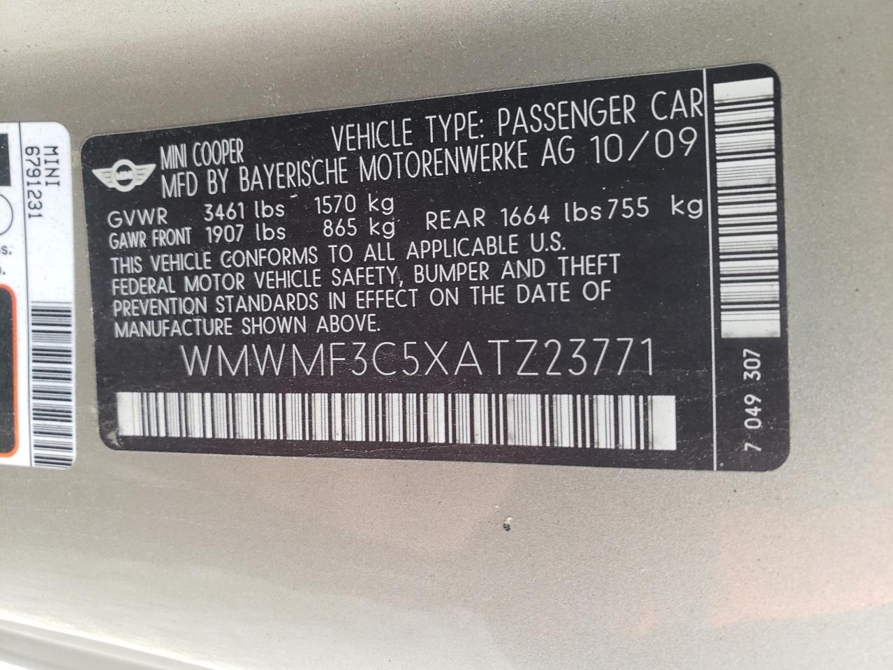 Photo 10 from auction – 2010 MINI COOPER with VIN WMWMF3C5XATZ23771