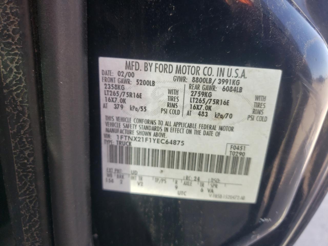 Photo 10 from auction – 2000 FORD F250 SUPER with VIN 1FTNX21F1YEC64875