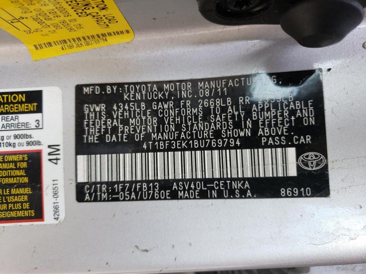 Photo 10 from auction – 2011 TOYOTA CAMRY BASE with VIN 4T1BF3EK1BU769794